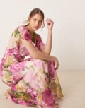 [Hope & Ivy] Hope & Ivy waterfall sleeve cowl neck maxi dress in pink print 12 Pink Multi