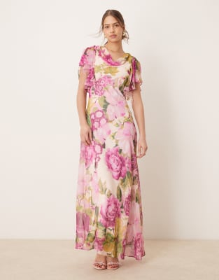 Hope & Ivy Waterfall Sleeve Cowl Neck Maxi Dress