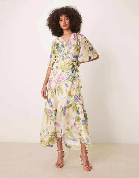 Hope & Ivy frill sleeve maxi wrap dress with tie waist in white print