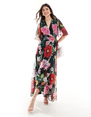 Hope & Ivy - Wickel-Maxikleid in Schwarz mit Blumenmuster-Bunt