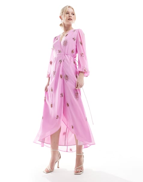 Hope & Ivy - Wikkeljurk met versiering, gestrikte taille en blousonmouwen in roze - view 1