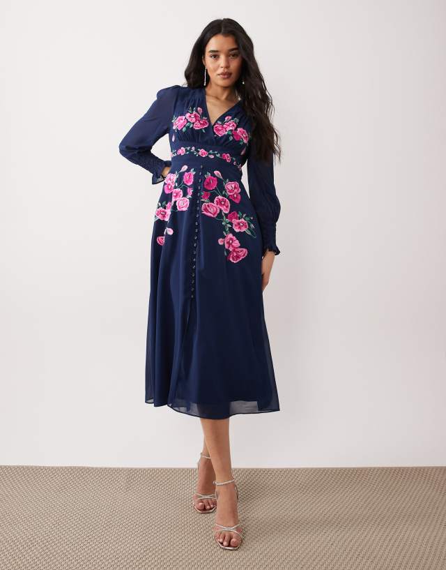 Hope & Ivy wrap bust embroidered midi dress with button front in navy