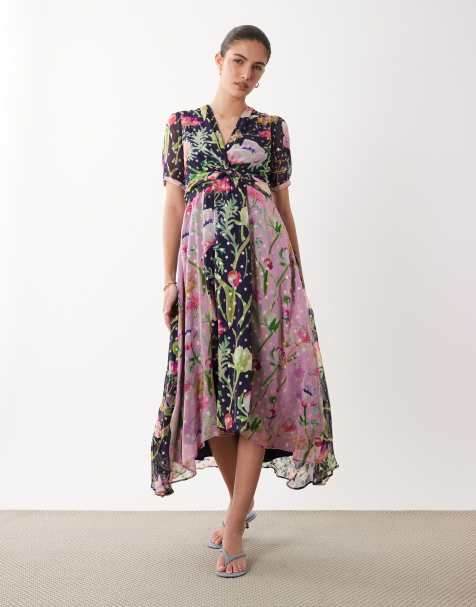 Hope & Ivy wrap bust midi tea dress in mixed blue floral - view 1