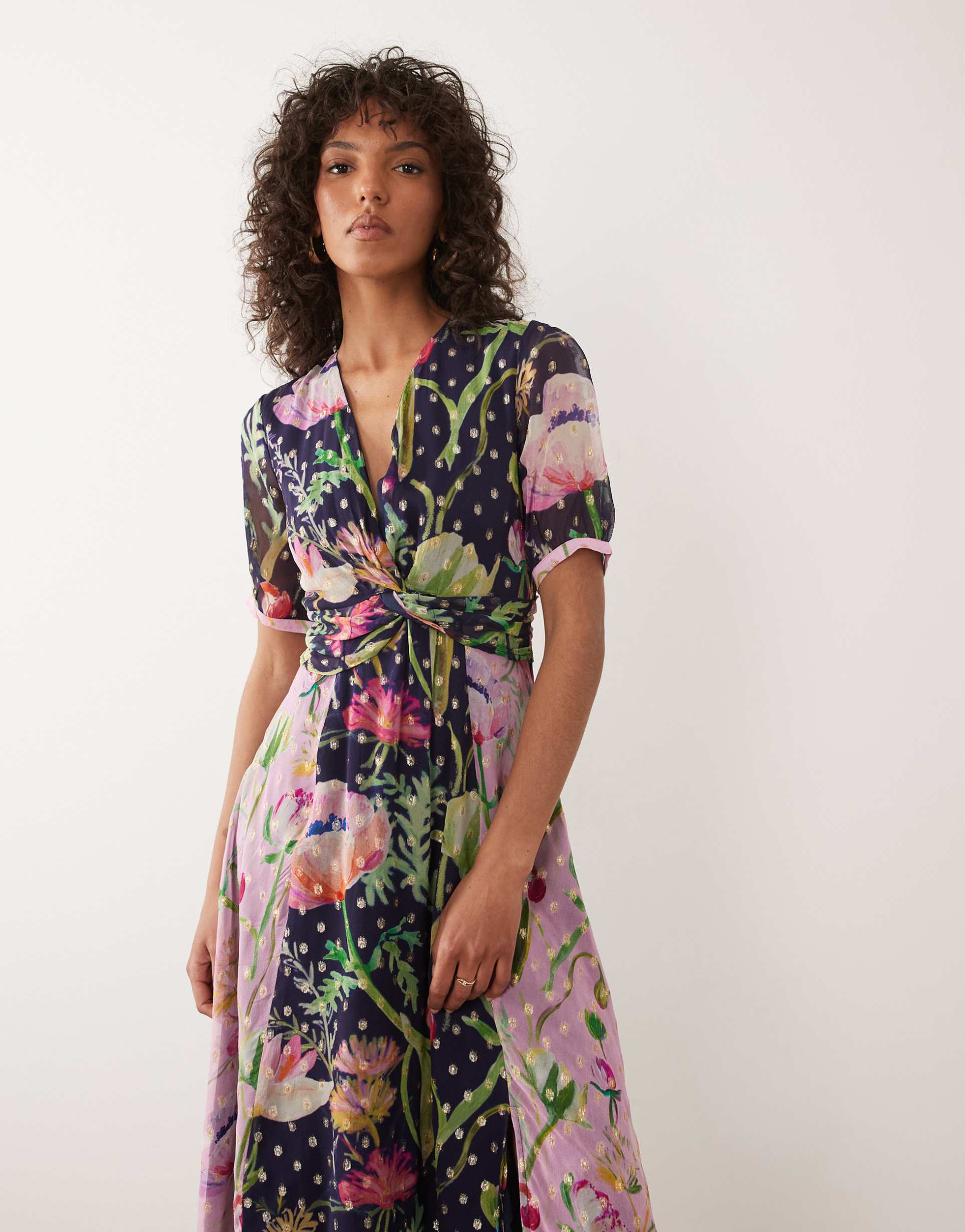 hope & ivy wrap bust midi tea dress in mixed blue floral