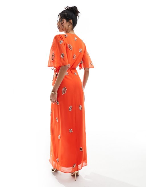 open lace back dress Twist Wrap Orange Bridesmaid Dress Long Bridesmaid Dress BD135 Custom Size / Orange