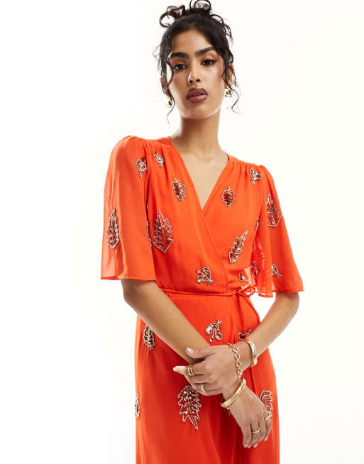 open lace back dress ASOS Soft Flowy Maxi Dress with Ruffles in Orange SZ 6 main image 0
