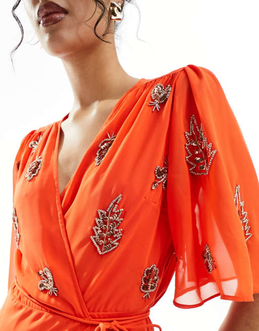 open lace back dress Hope & Ivy Ulla Russet & Red Pattern Wrap Dress – The Rose Wardrobe main image 0