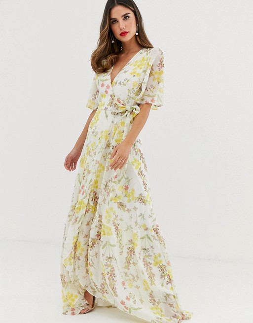 Hope & Ivy wrap front boho maxi in yellow floral print