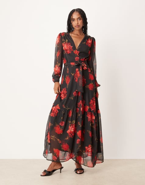 Hope & Ivy wrap front maxi dress in black and red floral - view 1