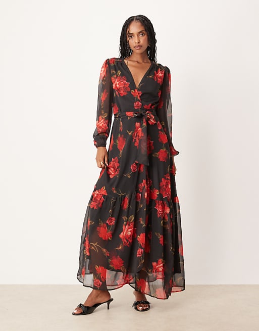 black and red floral dress Print Ruched Side Strappy Midi creating a look thats both dramatic and tender Hope & Ivy wrap front