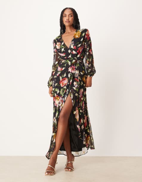 Hope & Ivy wrap front maxi dress in black floral with gold fleck - view 1