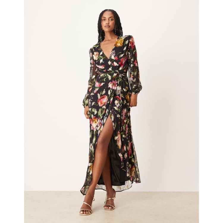 chinese dress ladies Bon Rosy Women's 3/4 Sleeve V-Neck Printed Maxi Faux Wrap Dress Black Green  S at Amazon Women's Clothing store main image 1