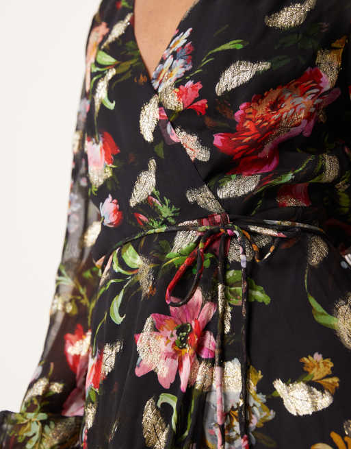 Hope & Ivy wrap front maxi dress in black floral with gold fleck, 3 of 4