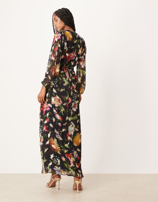 Hope & Ivy wrap front maxi dress in black floral with gold fleck, 4 of 4
