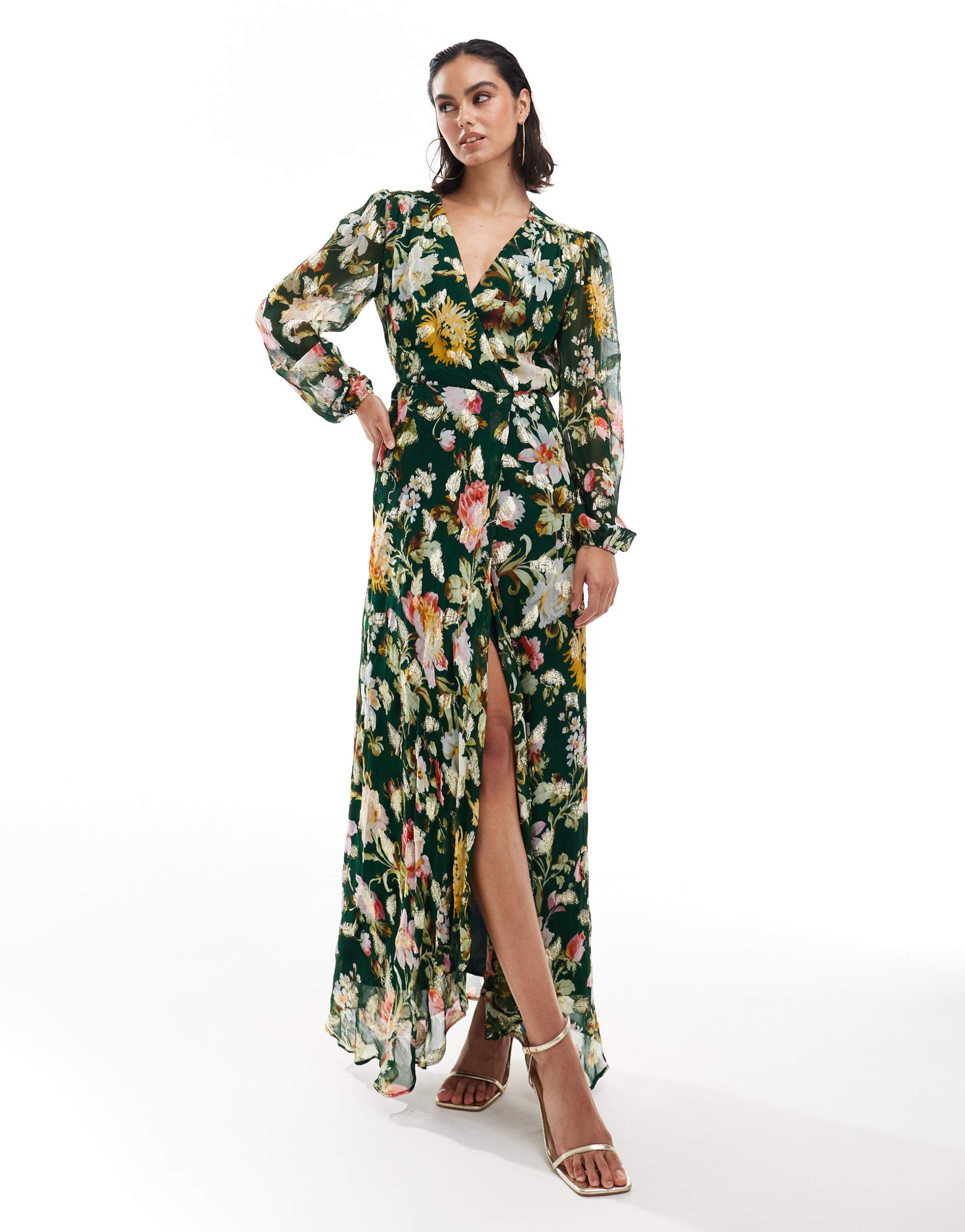 hope & ivy wrap front maxi dress in dark green floral with gold speck