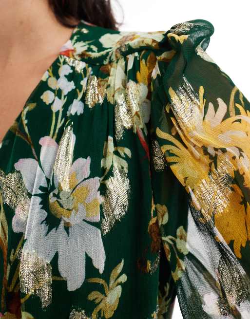 Hope Ivy wrap front maxi dress in dark green floral with gold