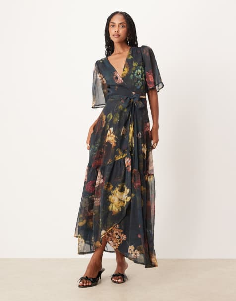 Hope & Ivy wrap front maxi dress in dark green floral - view 1