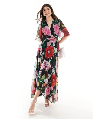 wrap maxi dress in black base floral-Multi