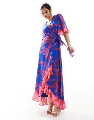 wrap maxi dress in blue based floral print
