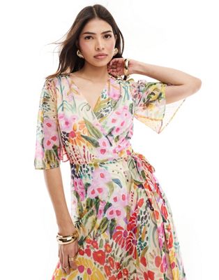 wrap maxi dress in bright floral print-Multi
