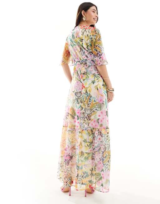 hope and ivy maxi dress Hope & Ivy v neck button front long sleeved maxi dress in blue floral