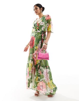 wrap maxi dress in green floral print