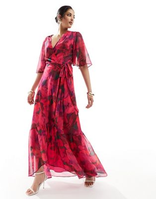wrap maxi dress in hot pink floral
