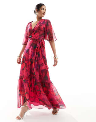 Hope & Ivy Wrap Maxi Dress In Hot Pink Floral