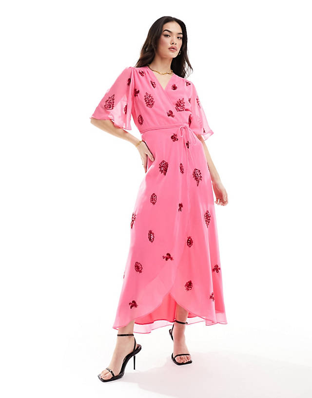 Hope & Ivy - wrap maxi dress in pink & red