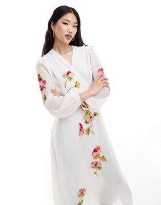 wrap maxi dress with floral embroidery in white