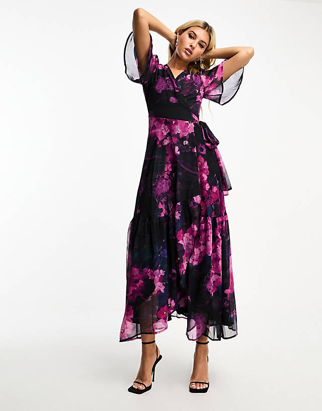 Hope & Ivy - wrap maxi dress with flutter sleeves in purple floral