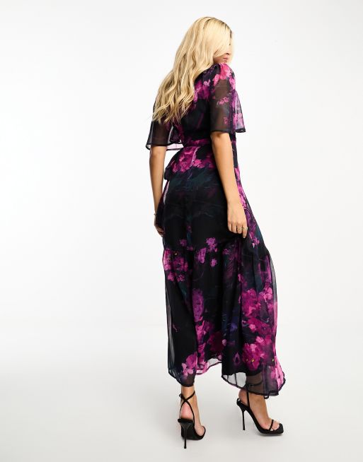 Hope & Ivy wrap maxi dress with flutter sleeves in purple floral, 2 of 4