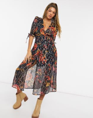 Hope & Ivy wrap midi dress with flutter sleeve in navy metallic spot-Multi