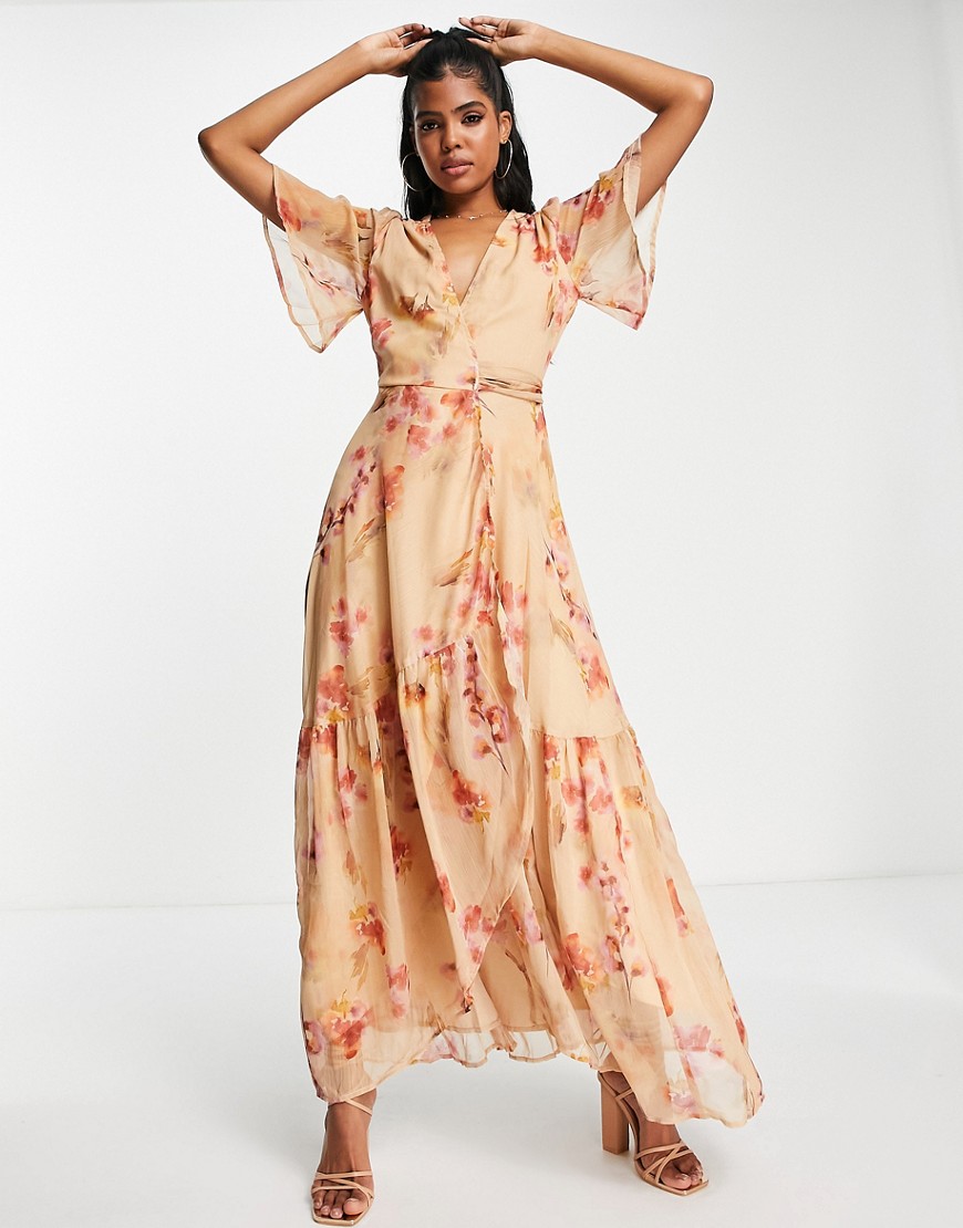 Hope & Ivy wrap tie maxi dress in taupe floral-Pink
