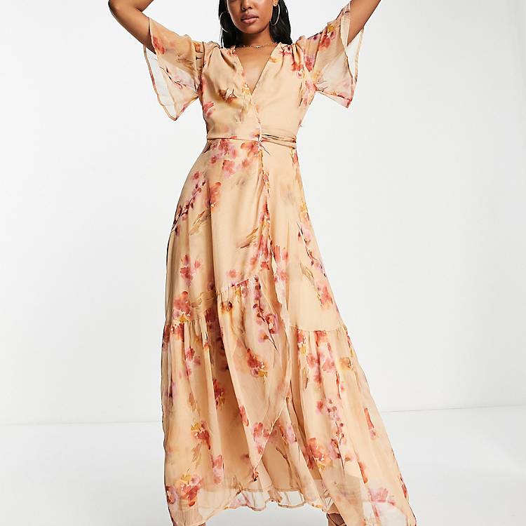 Hope & Ivy wrap tie maxi dress in taupe floral   ASOS