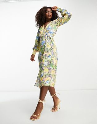 wrap tie midi dress in yellow and green floral-Multi