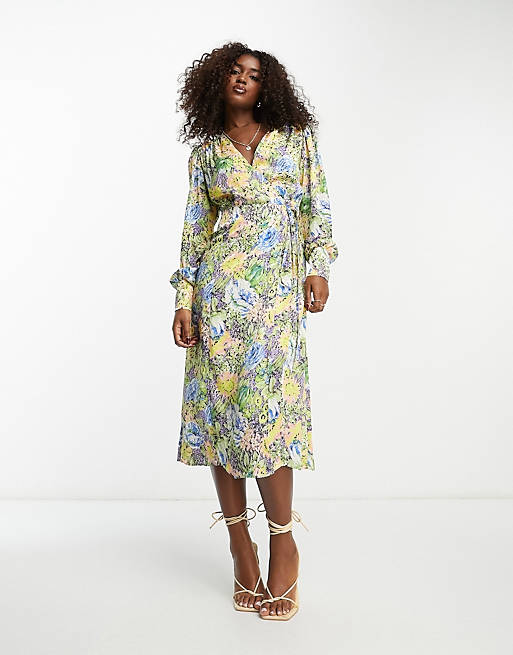 Hope & Ivy wrap tie midi dress in yellow and green floral