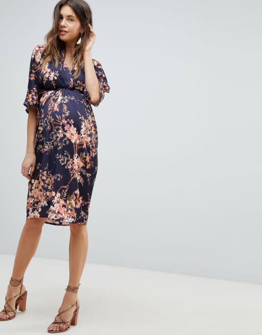 Hope Ivy Zwangerschap Midi jurk met kimonomouwen geknoopte taille steriksluiting en bloemenprint