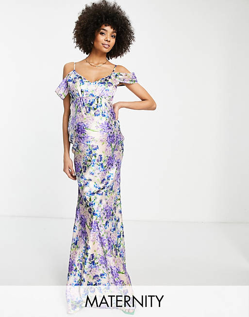 Hope & Ivy - Zwangerschapskleding - Lange jurk met blote schouders en bloemenprint in blauw