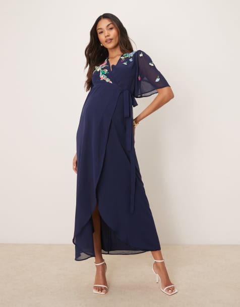 Hope & Ivy - Zwangerschapskleding - Maxi-wikkeljurk met versiering, ruches aan de mouwen en gestrikte taille in marineblauw - view 1