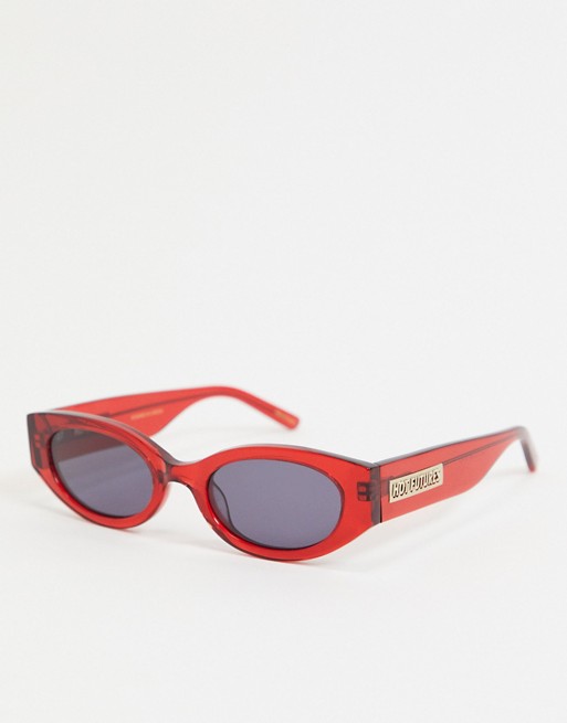 Hot Futures slim oval retro sunglasses in red with arm logo