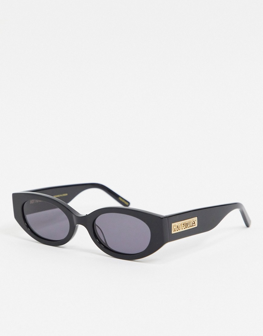 Hot Futures - Smal ovalen retro zonnebril met logo op de arm-Zwart