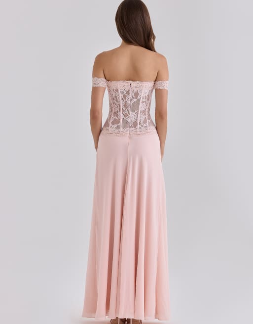 House of CB abito lungo con corsetto in pizzo e georgette rosa, 2 di 4