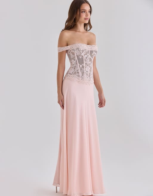 House of CB abito lungo con corsetto in pizzo e georgette rosa, 4 di 4