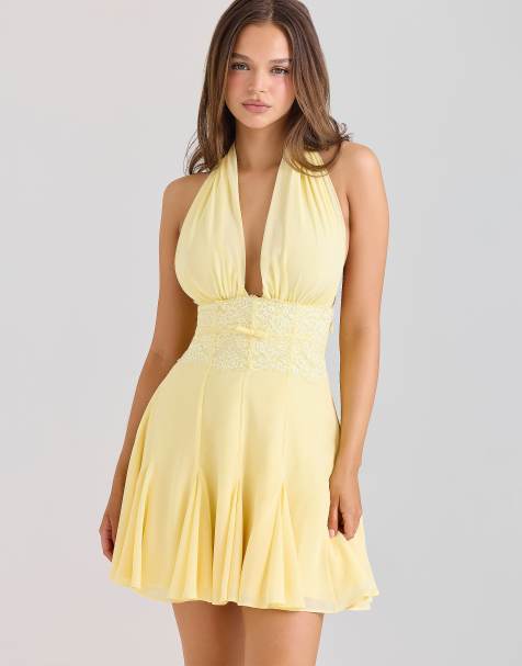 House of CB Ailani butter yellow georgette halter neck mini dress in butter yellow