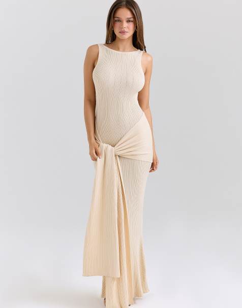 House of CB Akaia champagne draped silky knit maxi dress in champagne
