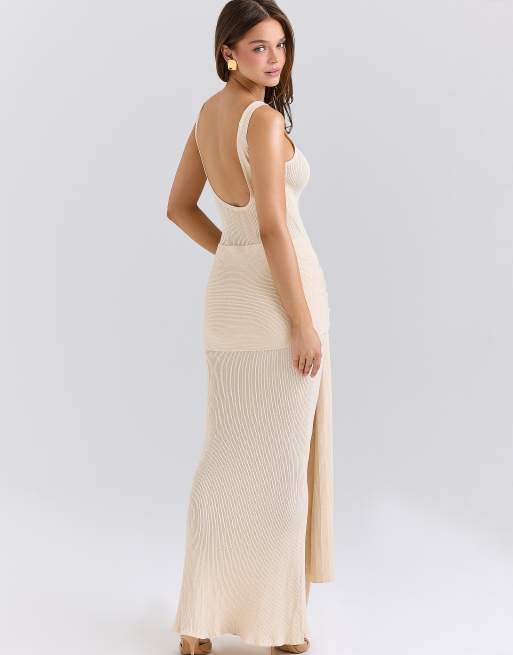 House of CB Akaia champagne draped silky knit maxi dress in