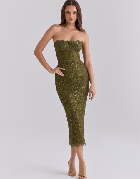 House of CB Alexia olive metallic lace strapless midi dress in olive - view 1