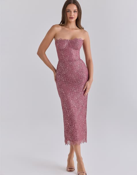 House of CB Alexia roze metallic kanten strapless midi-jurk in roze - view 1