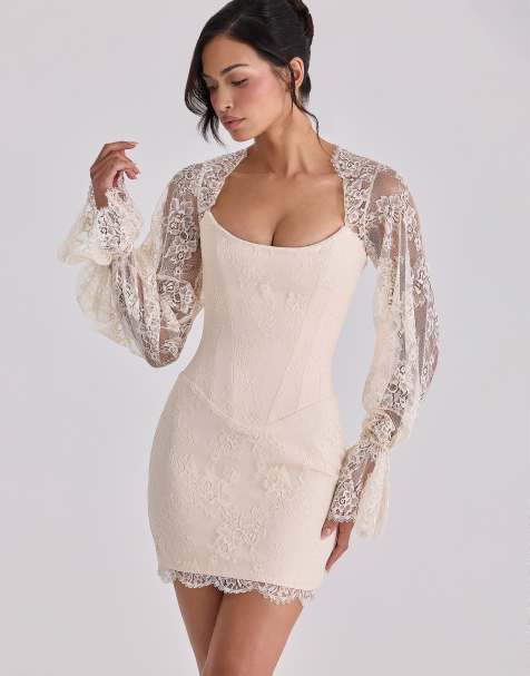 House of CB Aliana Vintage-Elfenbein-Spitzen-Minikorsettkleid mit langen Ärmeln in Elfenbein - IVORY - view 1